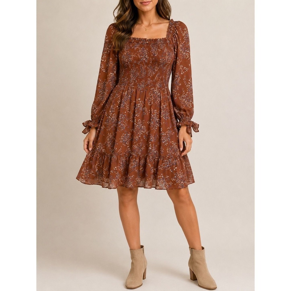 Promesa Rust Brown Floral Smocked Long Sleeve Mini Dress Sm Tiered Ruffle Boho